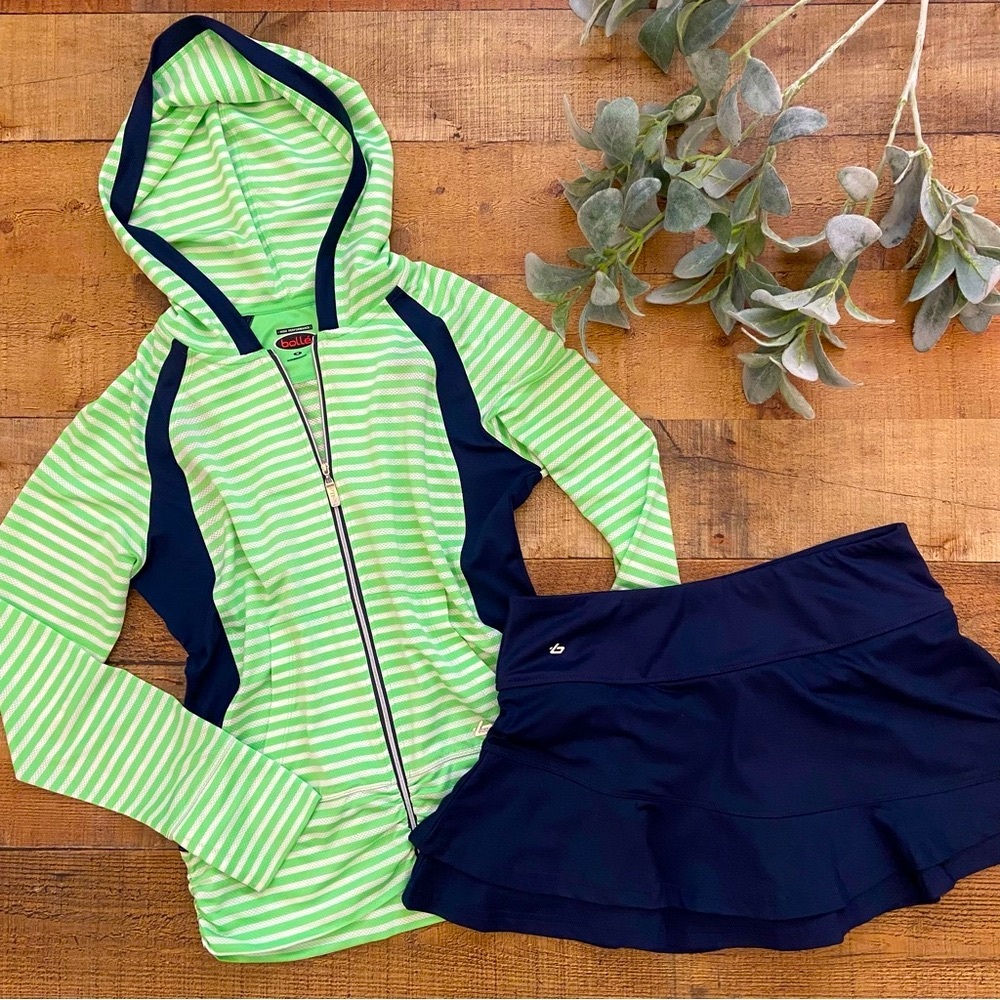 Striped Green + Navy Women's Athletic Zip Up Jacket/Hoodie